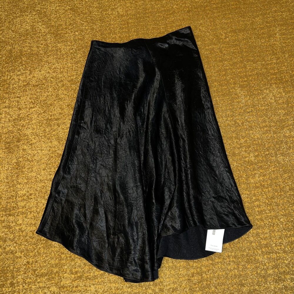 VINCE Skirt Midi Length Black Satin Crinkle Asymmetrical Hem M Whimsogoth Flaws